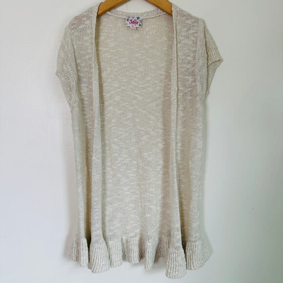 Justice Cream Shimmer Knit Ruffle Hem Open Front Cardigan Sz 12 - Picture 1 of 7